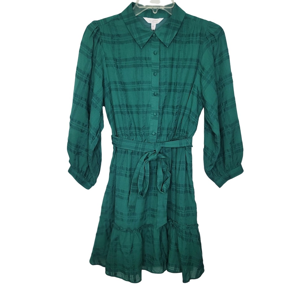 LC Lauren Conrad Dress Sz S Green Plaid Tiered Puff Sleeve Belted Cottage Work